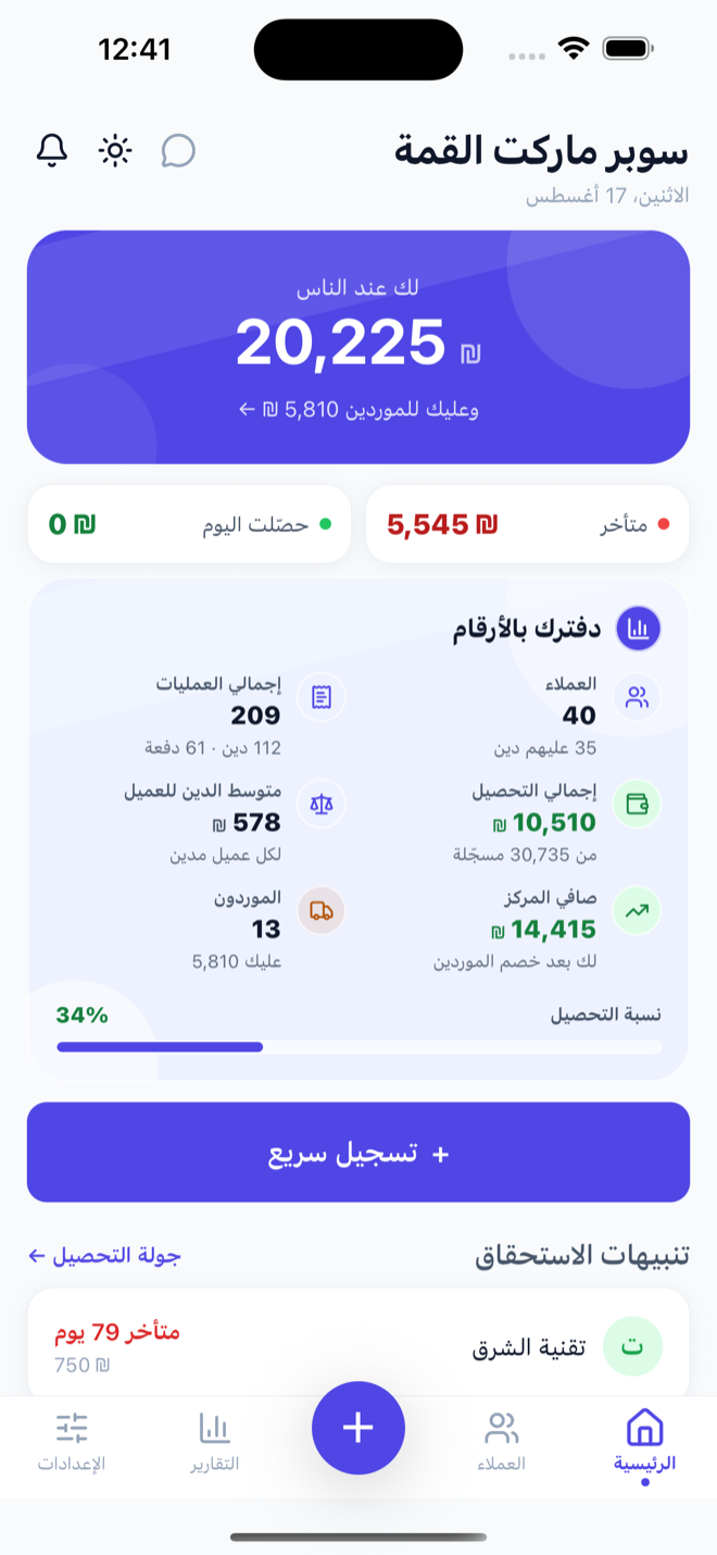 الشاشة الرئيسية في دفتري: إجمالي الديون، المتأخرات، وتنبيهات الاستحقاق
