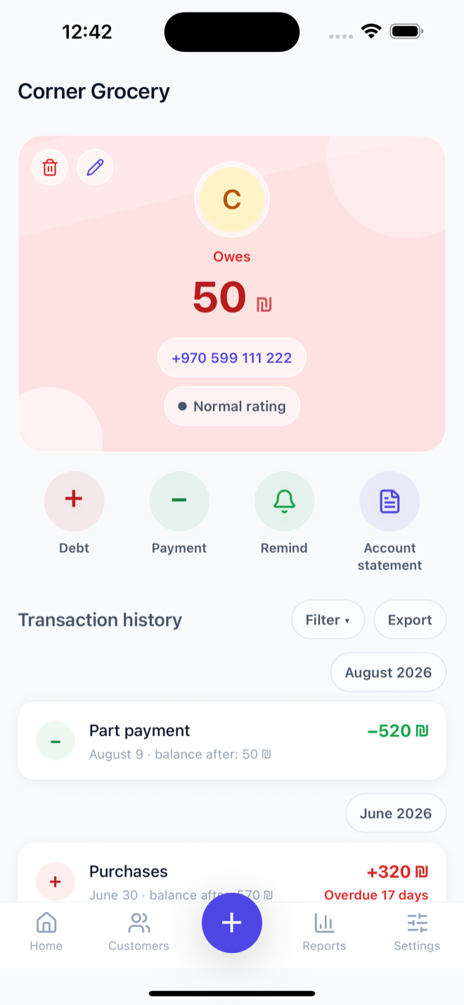 Customer page: balance, debt and payment buttons, reminder, statement and transaction history